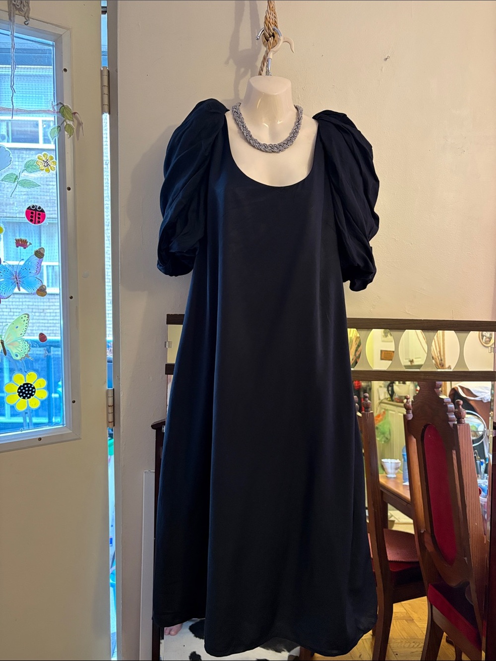 Elegant Black Midi Dress with Statement Puff Sleeves